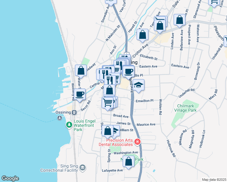 map of restaurants, bars, coffee shops, grocery stores, and more near 8 Maple Place in Ossining