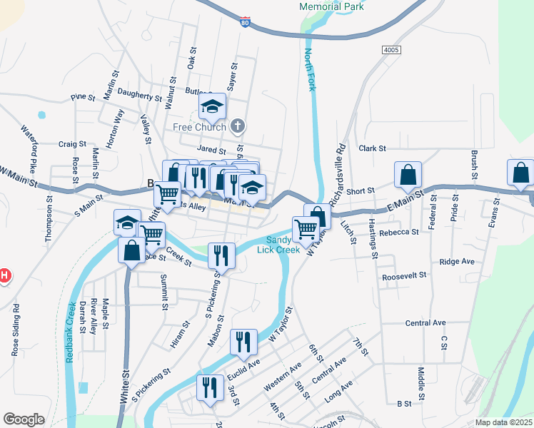 map of restaurants, bars, coffee shops, grocery stores, and more near 278 Main Street in Brookville