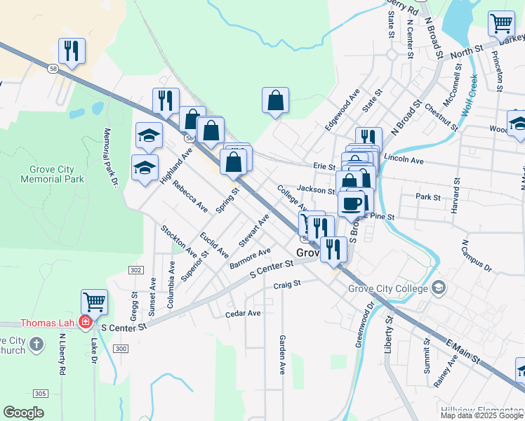map of restaurants, bars, coffee shops, grocery stores, and more near 412 West Main Street in Grove City