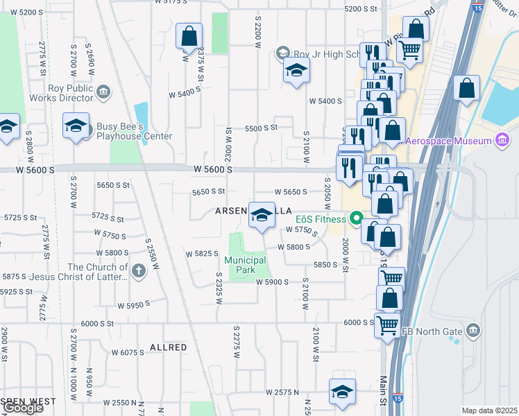 map of restaurants, bars, coffee shops, grocery stores, and more near 2190 West 5700 South in Roy