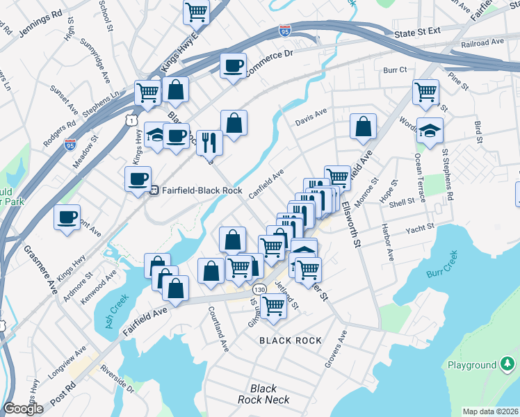 map of restaurants, bars, coffee shops, grocery stores, and more near 179 Alfred Street in Bridgeport