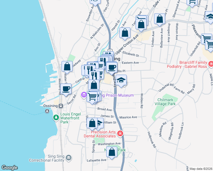 map of restaurants, bars, coffee shops, grocery stores, and more near 16 Maple Place in Ossining