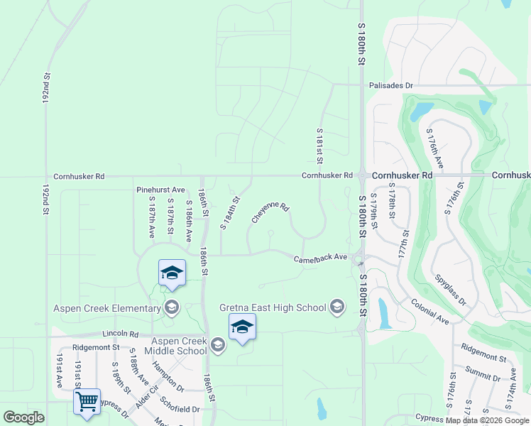 map of restaurants, bars, coffee shops, grocery stores, and more near 18305 Cheyenne Road in Omaha