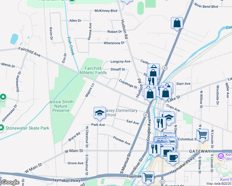 map of restaurants, bars, coffee shops, grocery stores, and more near 614 Fairchild Avenue in Kent