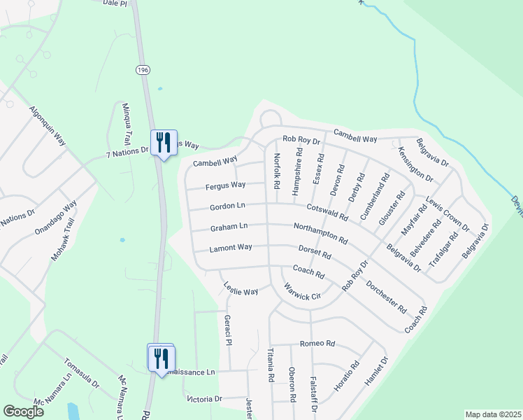 map of restaurants, bars, coffee shops, grocery stores, and more near 727 Gordon Lane in Tobyhanna