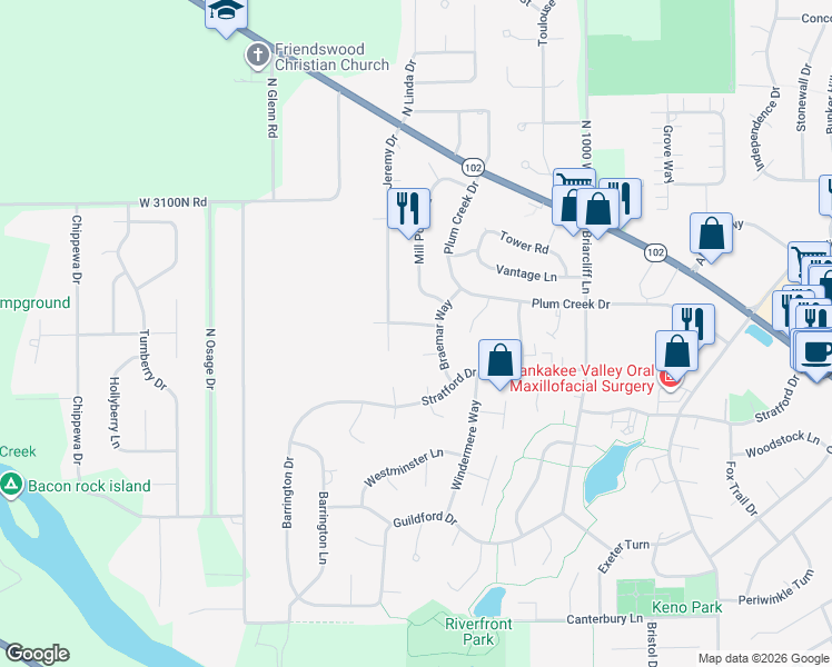 map of restaurants, bars, coffee shops, grocery stores, and more near 1360 Sommerset Way in Bourbonnais