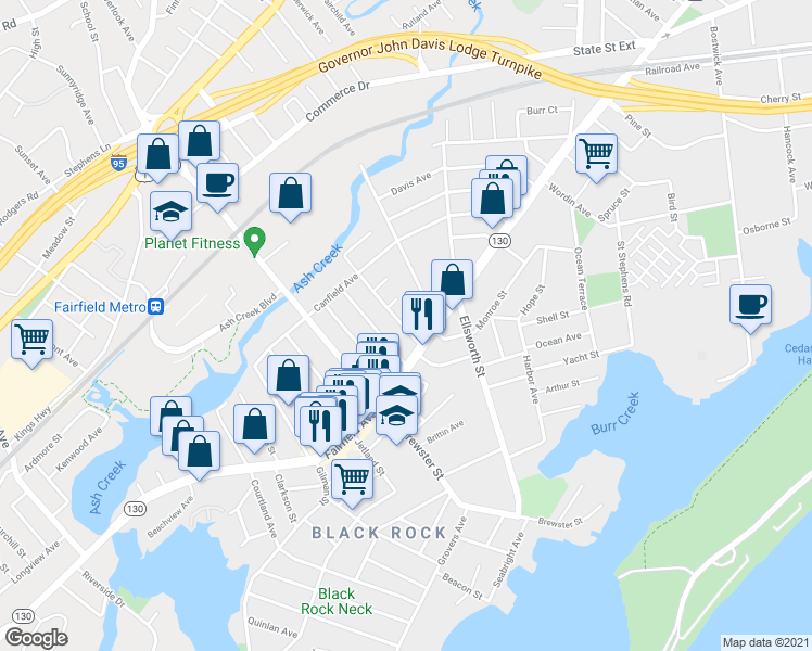 map of restaurants, bars, coffee shops, grocery stores, and more near 66 King Street in Bridgeport