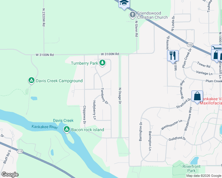 map of restaurants, bars, coffee shops, grocery stores, and more near Thornberry in Bourbonnais