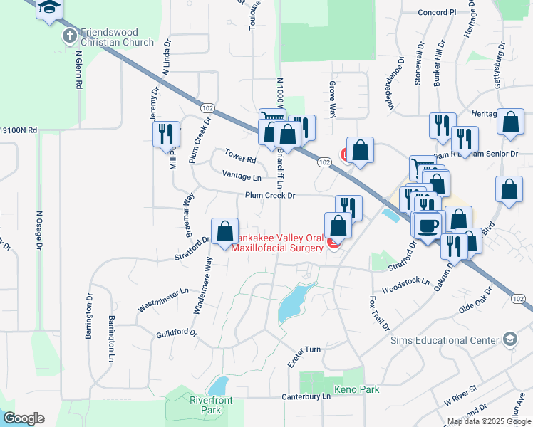map of restaurants, bars, coffee shops, grocery stores, and more near 460 Plum Creek Court in Bourbonnais