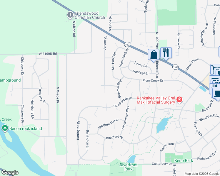 map of restaurants, bars, coffee shops, grocery stores, and more near 1360 Sommerset Way in Bourbonnais