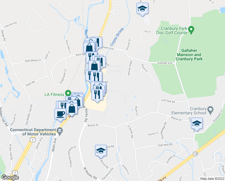 map of restaurants, bars, coffee shops, grocery stores, and more near 111 Foxboro Drive in Norwalk
