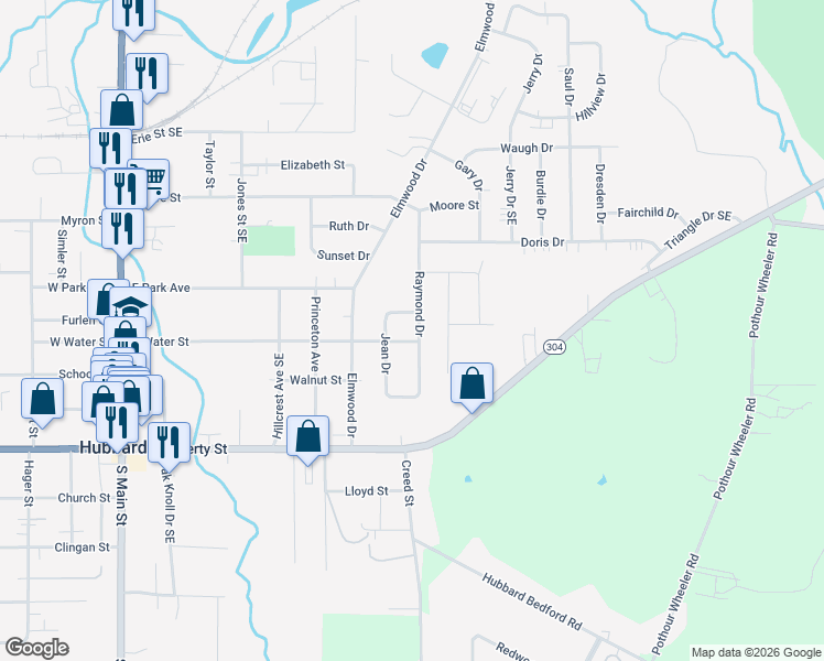 map of restaurants, bars, coffee shops, grocery stores, and more near 730 East Water Street in Hubbard