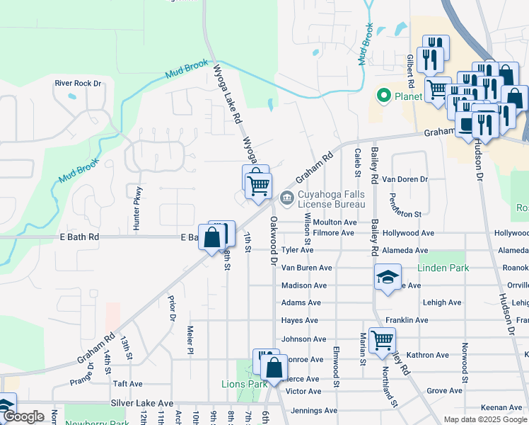 map of restaurants, bars, coffee shops, grocery stores, and more near 612 Graham Road in Cuyahoga Falls
