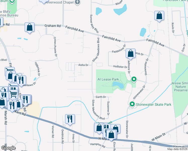 map of restaurants, bars, coffee shops, grocery stores, and more near 809 Silver Meadows Boulevard in Kent