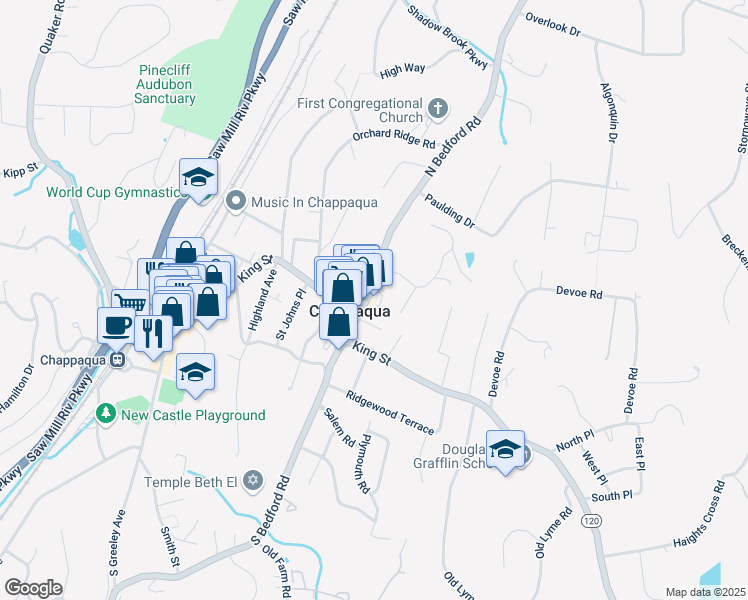 map of restaurants, bars, coffee shops, grocery stores, and more near 91 Bedford Road in Chappaqua