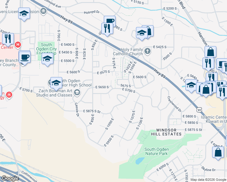 map of restaurants, bars, coffee shops, grocery stores, and more near 961 East 5700 South in Ogden