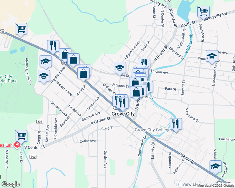 map of restaurants, bars, coffee shops, grocery stores, and more near 243 West Pine Street in Grove City
