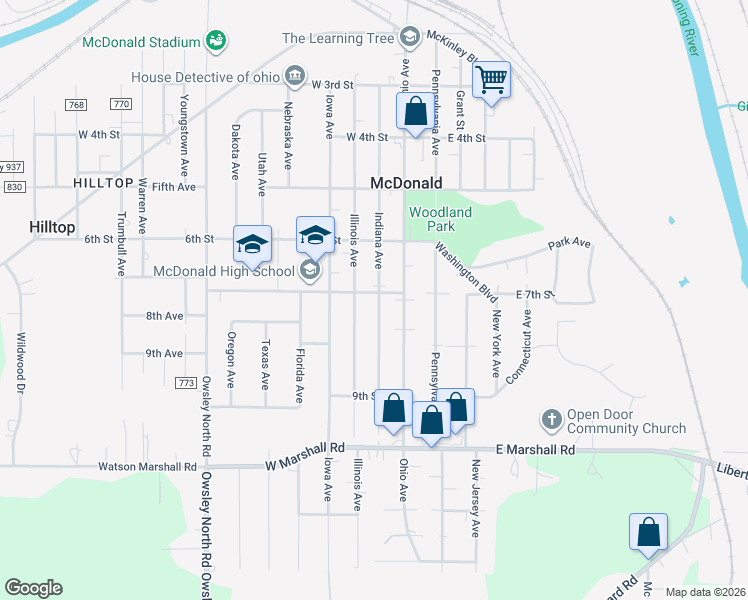 map of restaurants, bars, coffee shops, grocery stores, and more near 201 West 7th Street in McDonald