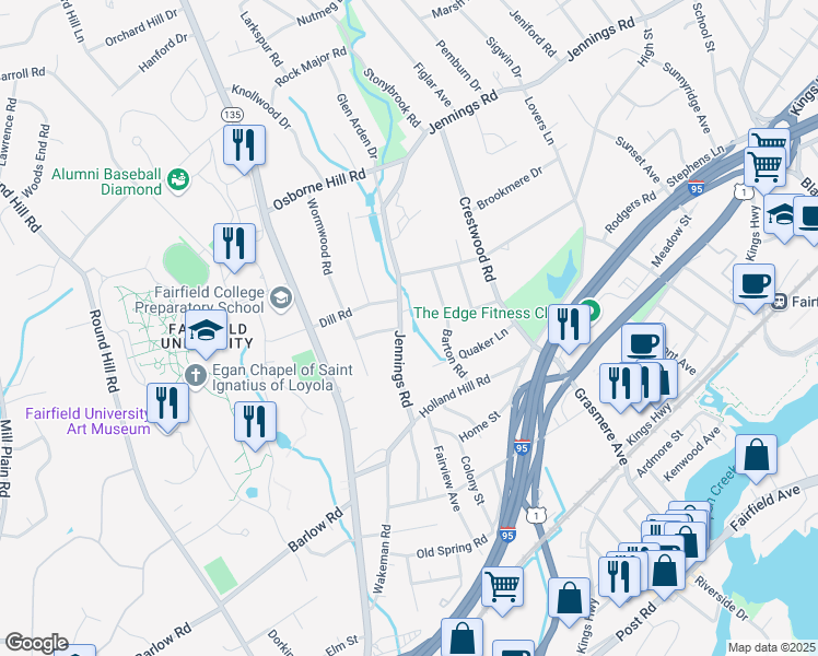 map of restaurants, bars, coffee shops, grocery stores, and more near 1685 Jennings Road in Fairfield