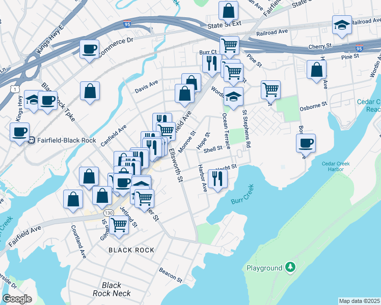 map of restaurants, bars, coffee shops, grocery stores, and more near 61 Hope Street in Bridgeport