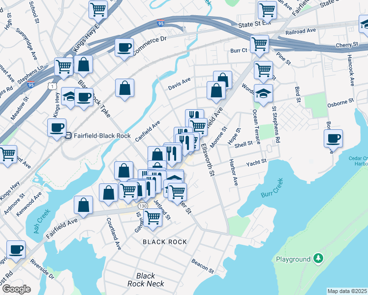 map of restaurants, bars, coffee shops, grocery stores, and more near 66 King Street in Bridgeport