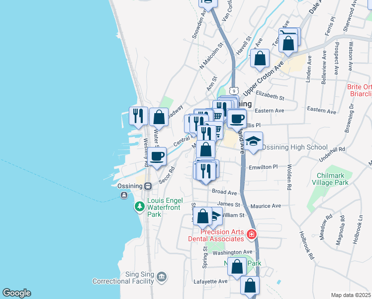 map of restaurants, bars, coffee shops, grocery stores, and more near 79 Main Street in Ossining