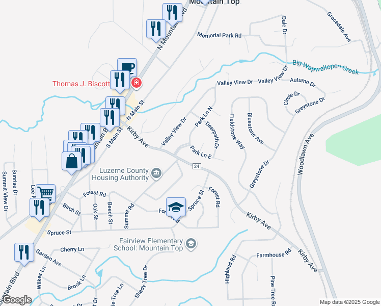 map of restaurants, bars, coffee shops, grocery stores, and more near 6 Park Lane East in Mountain Top