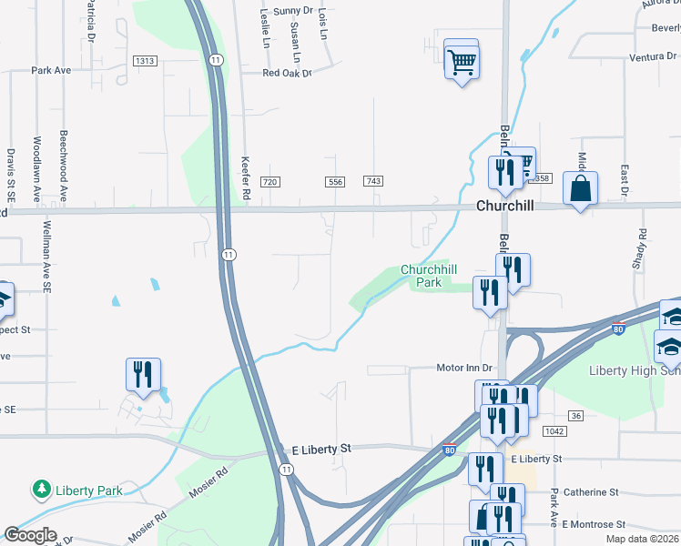 map of restaurants, bars, coffee shops, grocery stores, and more near 675 Esme Drive in Girard