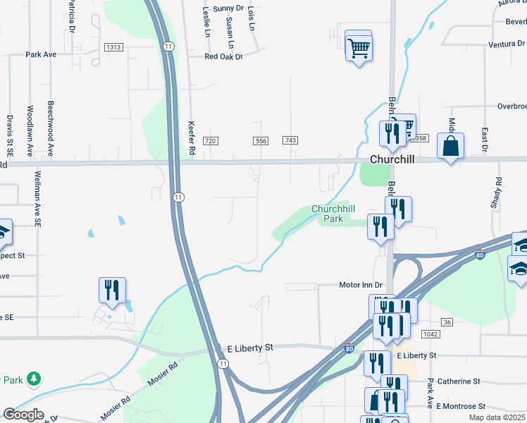 map of restaurants, bars, coffee shops, grocery stores, and more near 675 Esme Drive in Girard