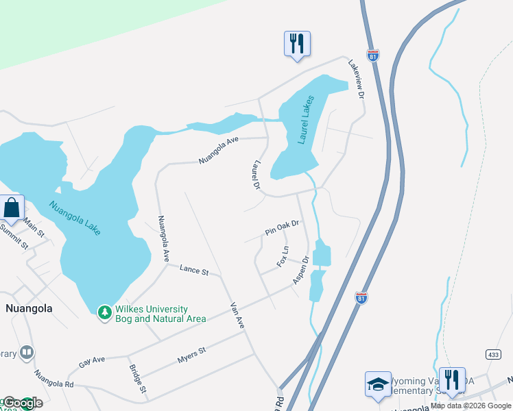 map of restaurants, bars, coffee shops, grocery stores, and more near 1-99 Vista Dr in Mountain Top