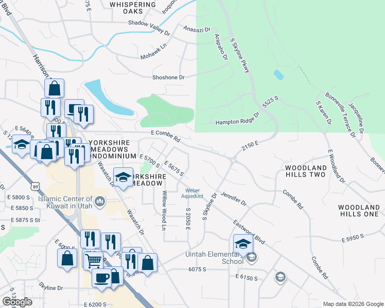 map of restaurants, bars, coffee shops, grocery stores, and more near 5652 Redwood Lane in Ogden