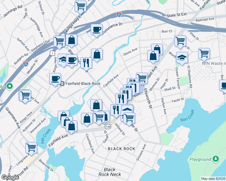 map of restaurants, bars, coffee shops, grocery stores, and more near 166 Alfred Street in Bridgeport