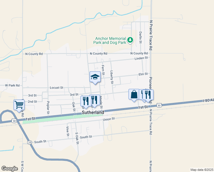 map of restaurants, bars, coffee shops, grocery stores, and more near 401 1/2 Maple Street in Sutherland