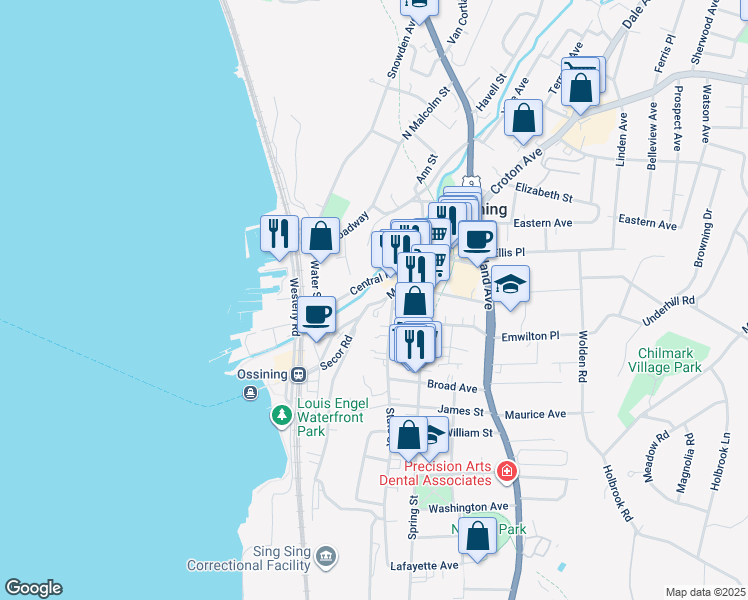 map of restaurants, bars, coffee shops, grocery stores, and more near 79 Main Street in Ossining