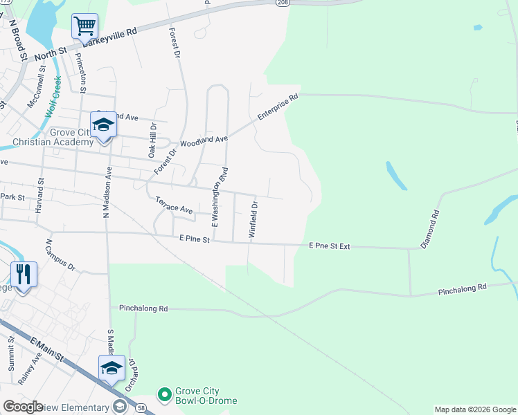 map of restaurants, bars, coffee shops, grocery stores, and more near 146 Winfield Drive in Grove City