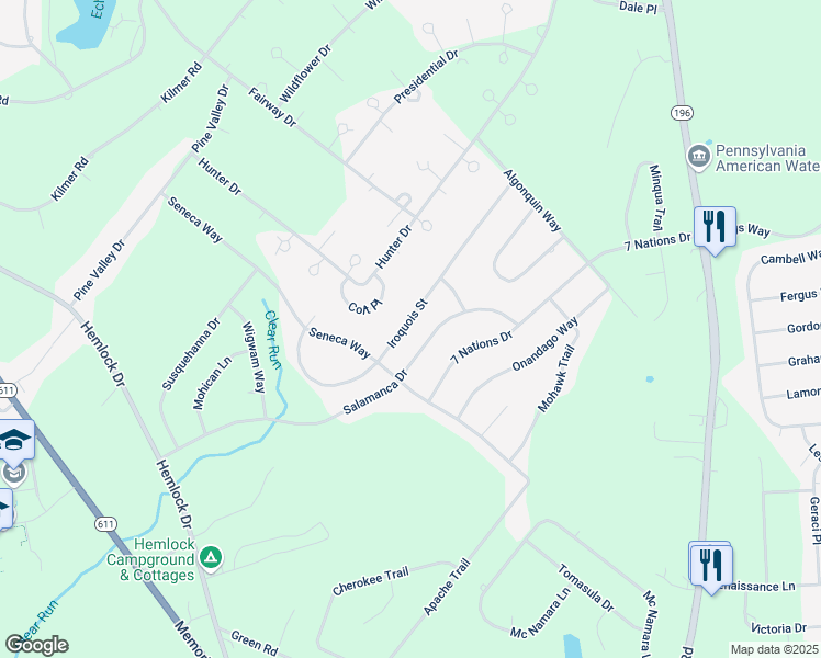 map of restaurants, bars, coffee shops, grocery stores, and more near 5818 Iroquois Street in Tobyhanna