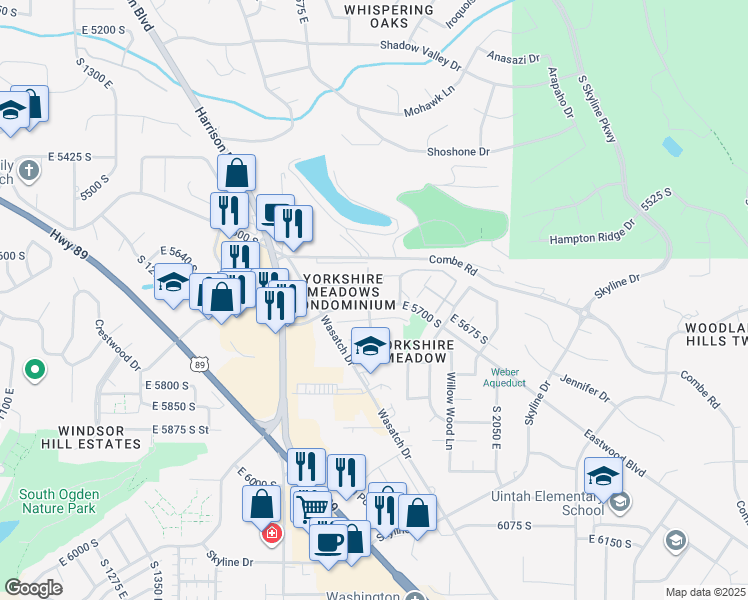 map of restaurants, bars, coffee shops, grocery stores, and more near 5676 Meadow Lane in South Ogden