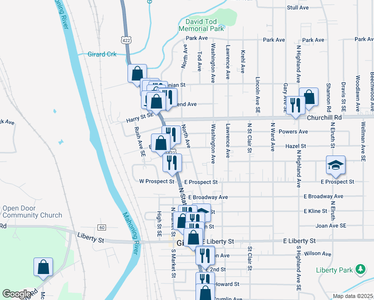 map of restaurants, bars, coffee shops, grocery stores, and more near 540 North Ave in Girard