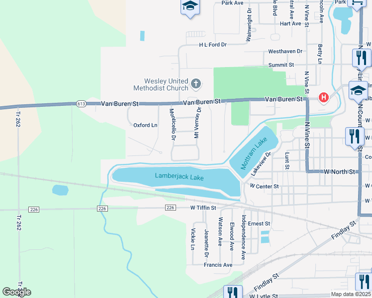 map of restaurants, bars, coffee shops, grocery stores, and more near 1217 Madison Road in Fostoria