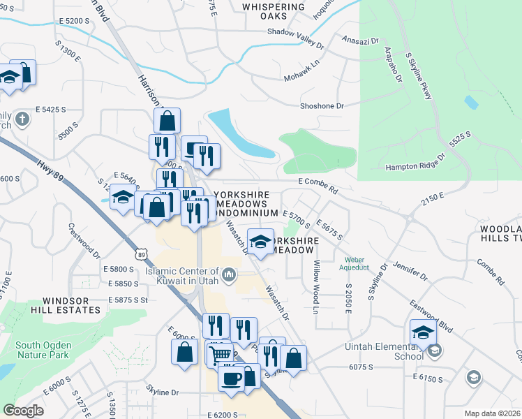 map of restaurants, bars, coffee shops, grocery stores, and more near 5676 Meadow Lane in South Ogden