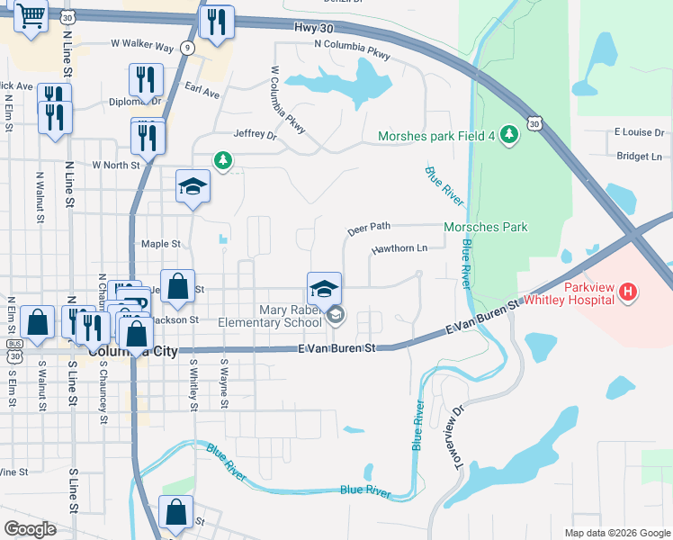 map of restaurants, bars, coffee shops, grocery stores, and more near 6 Grove Park Drive in Columbia City