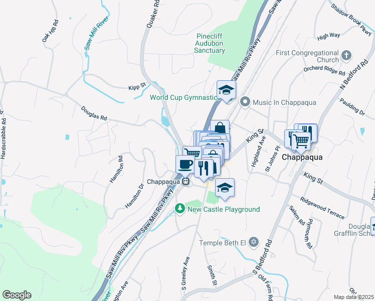 map of restaurants, bars, coffee shops, grocery stores, and more near 36 Hunts Place in Chappaqua