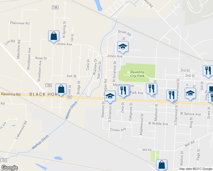 map of restaurants, bars, coffee shops, grocery stores, and more near 6220 Morgan Road in Ravenna