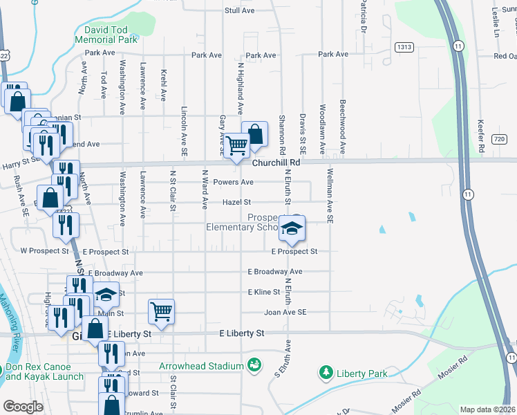 map of restaurants, bars, coffee shops, grocery stores, and more near 521 Hazel Street in Girard