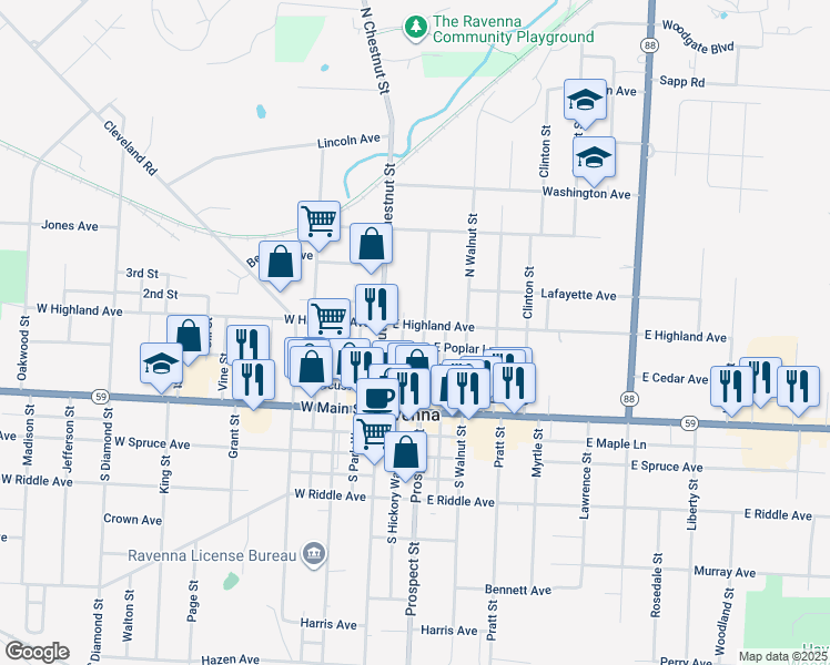 map of restaurants, bars, coffee shops, grocery stores, and more near 130 East Highland Avenue in Ravenna