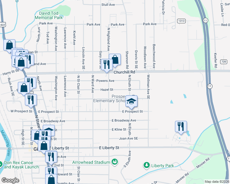 map of restaurants, bars, coffee shops, grocery stores, and more near 521 Hazel Street in Girard