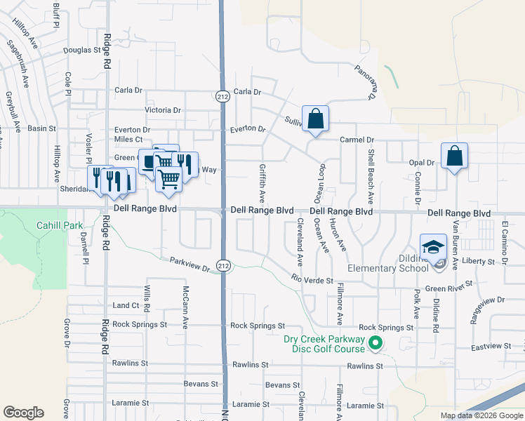 map of restaurants, bars, coffee shops, grocery stores, and more near 4150 Dell Range Boulevard in Cheyenne