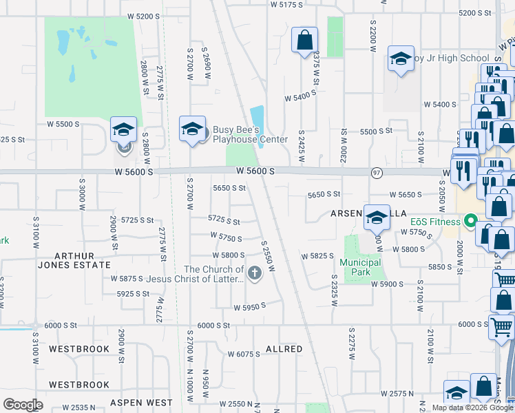 map of restaurants, bars, coffee shops, grocery stores, and more near 5704 South 2550 West in Roy