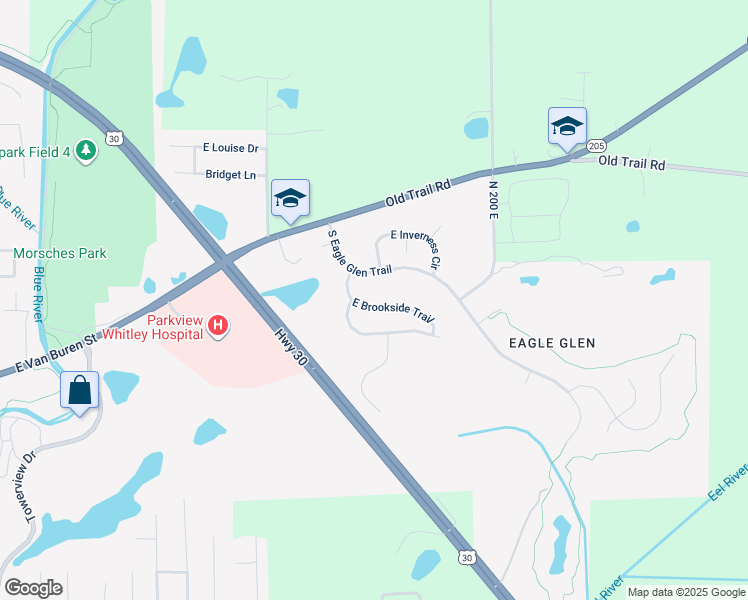 map of restaurants, bars, coffee shops, grocery stores, and more near 1713 East Brookside Trail in Columbia City