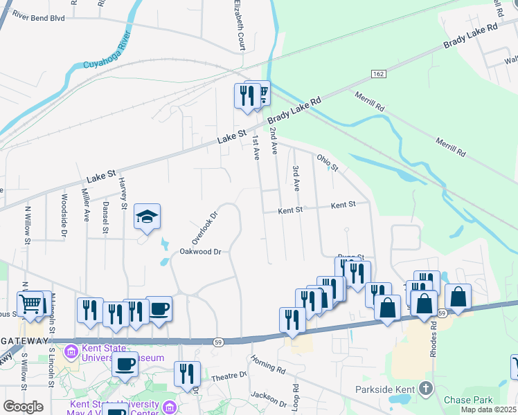 map of restaurants, bars, coffee shops, grocery stores, and more near 503 Overlook Drive in Kent